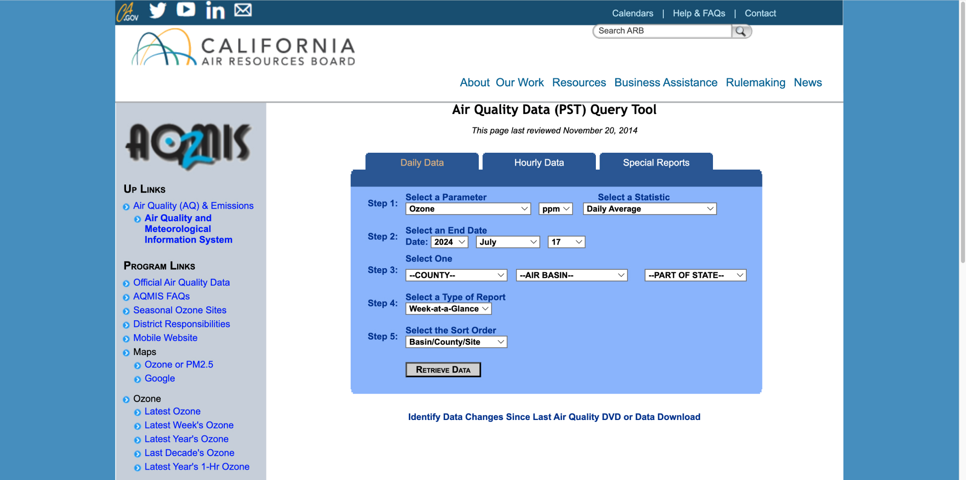 California Air Resources Board AQMIS Air Quality Data