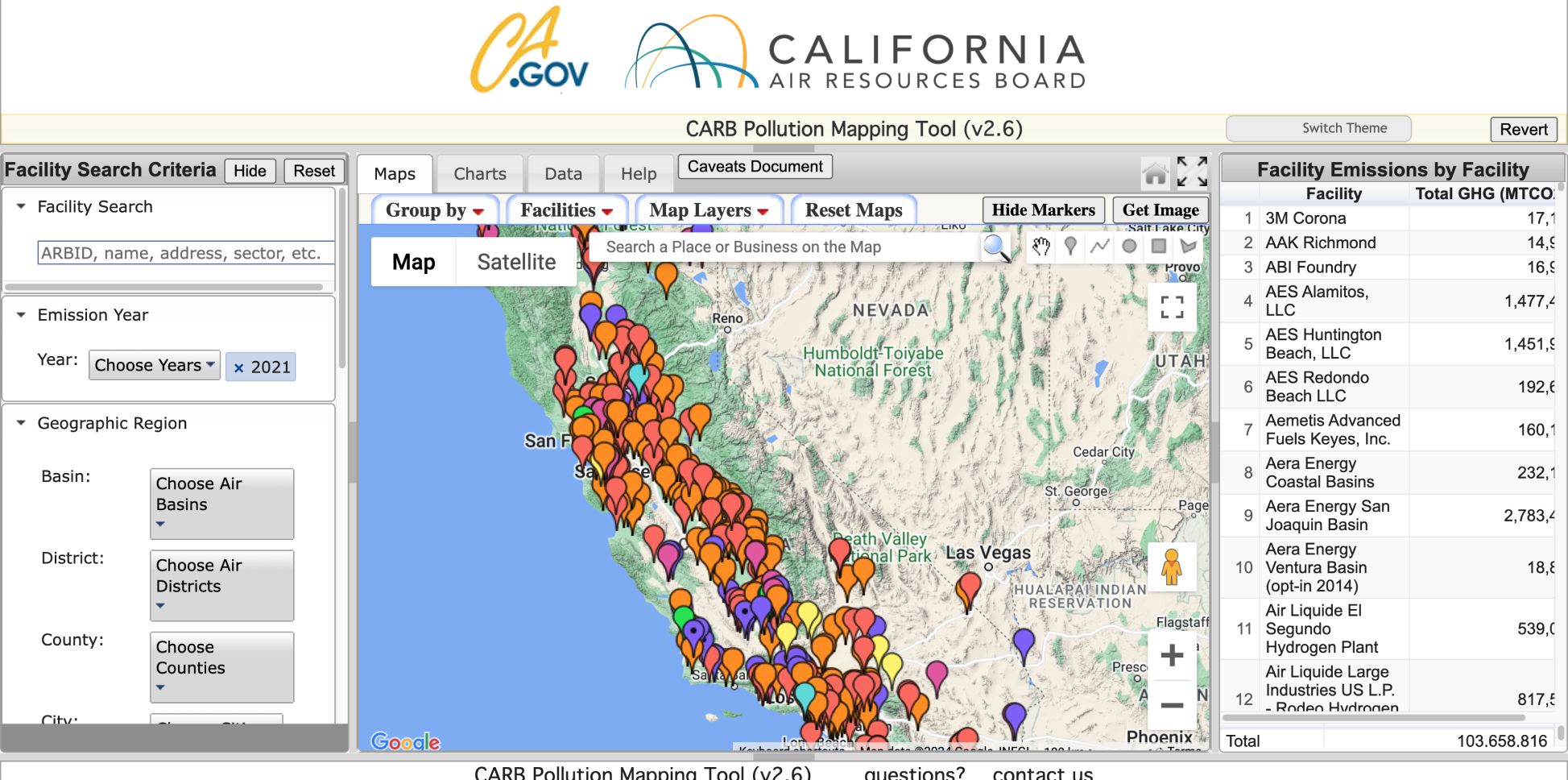 California Air Resources Board Pollution Mapping Tool