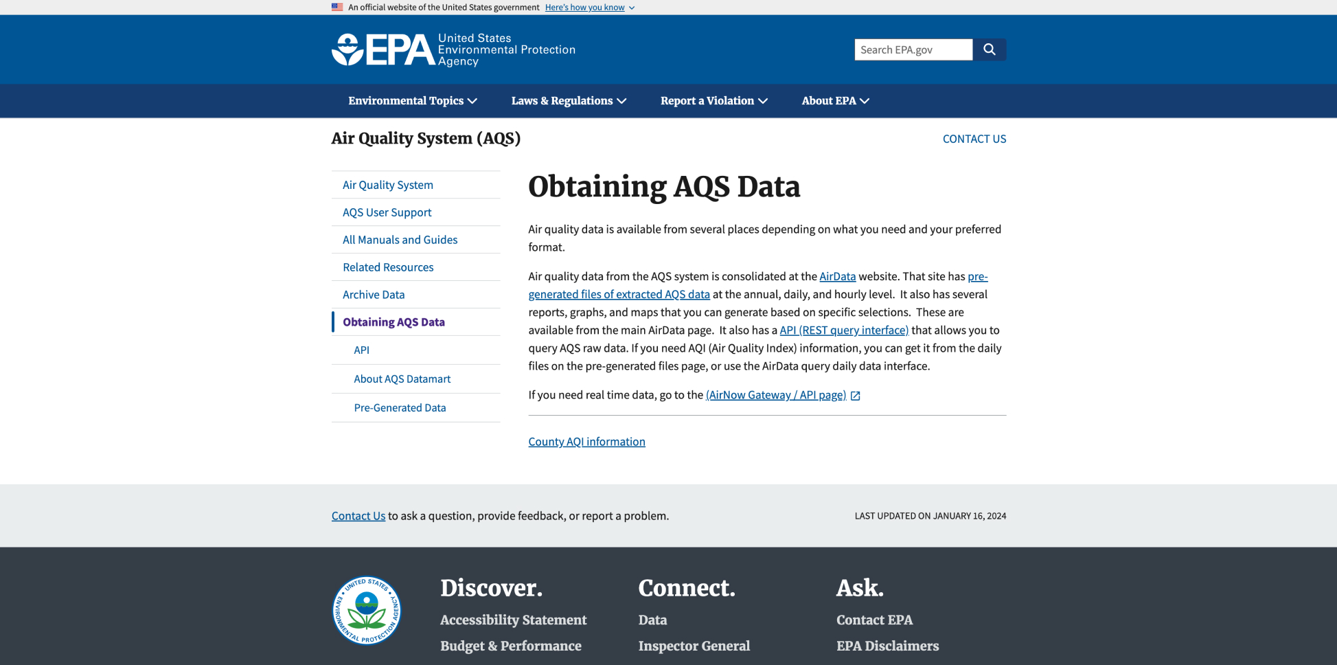 Environmental Protection Agency Air Quality System (AQS) Data