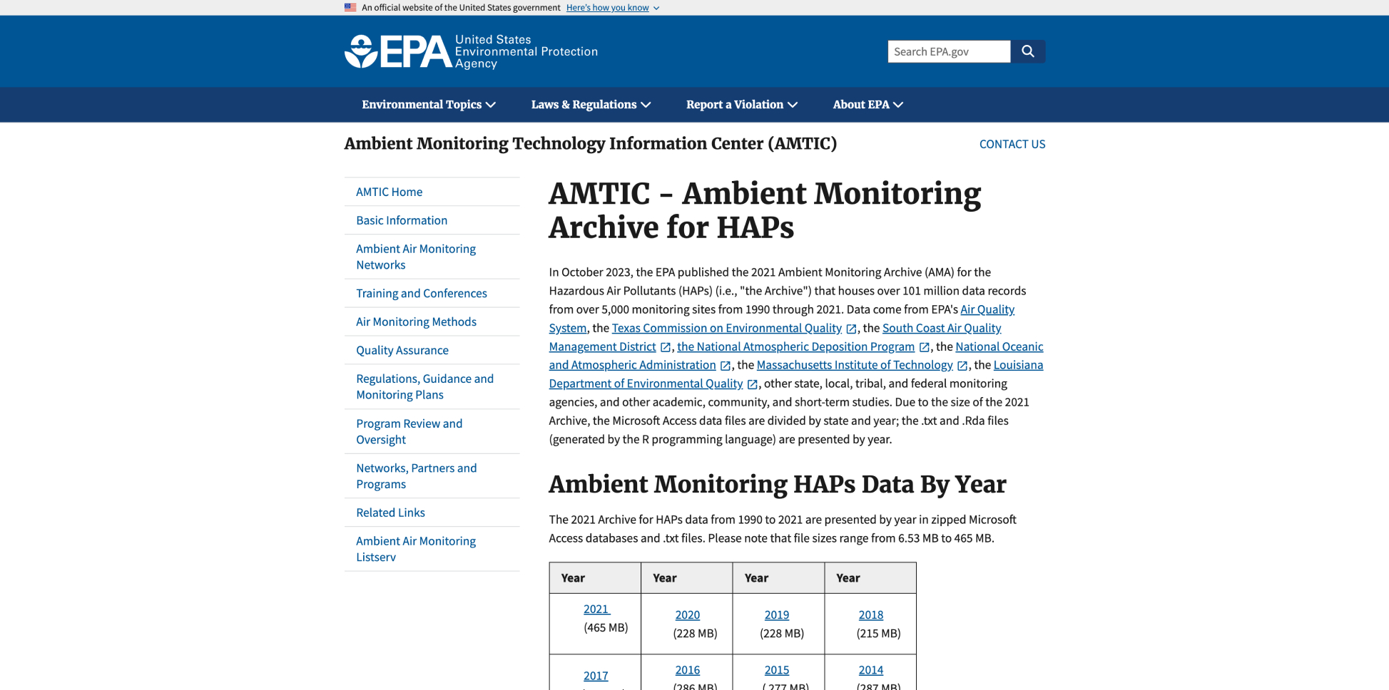 Environmental Protection Agency (EPA) Air Toxics Data Ambient Monitoring Archive