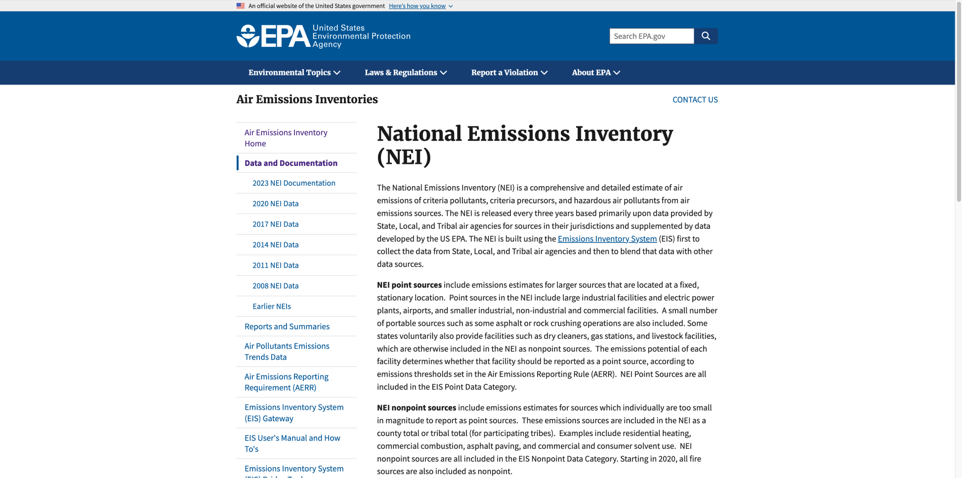 Environmental Protection Agency National Emission Inventory (NEI)