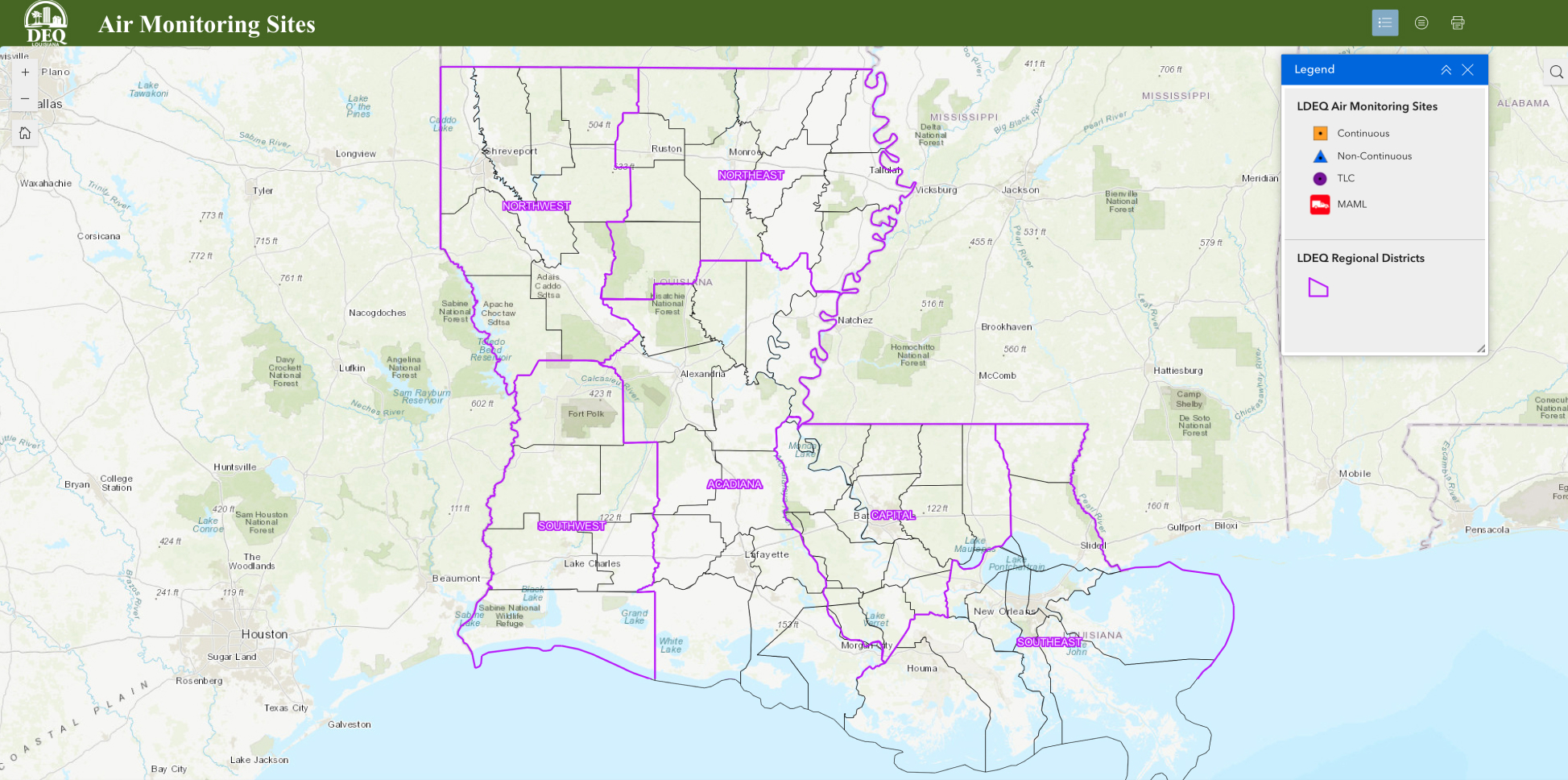 Louisiana Department of Environmental Quality Air Monitoring Sites Map