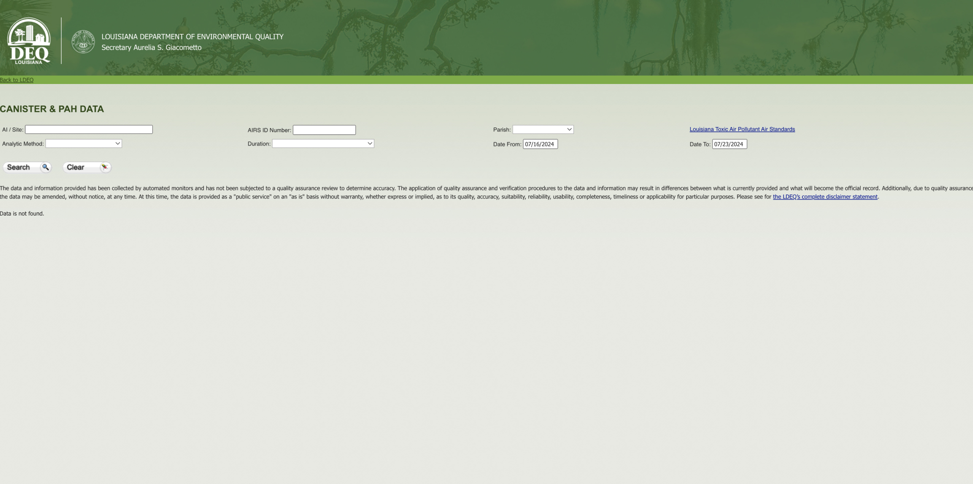 Lousiana Department of Environmental Quality (LDEQ) VOC Canister and PAH Sample Data