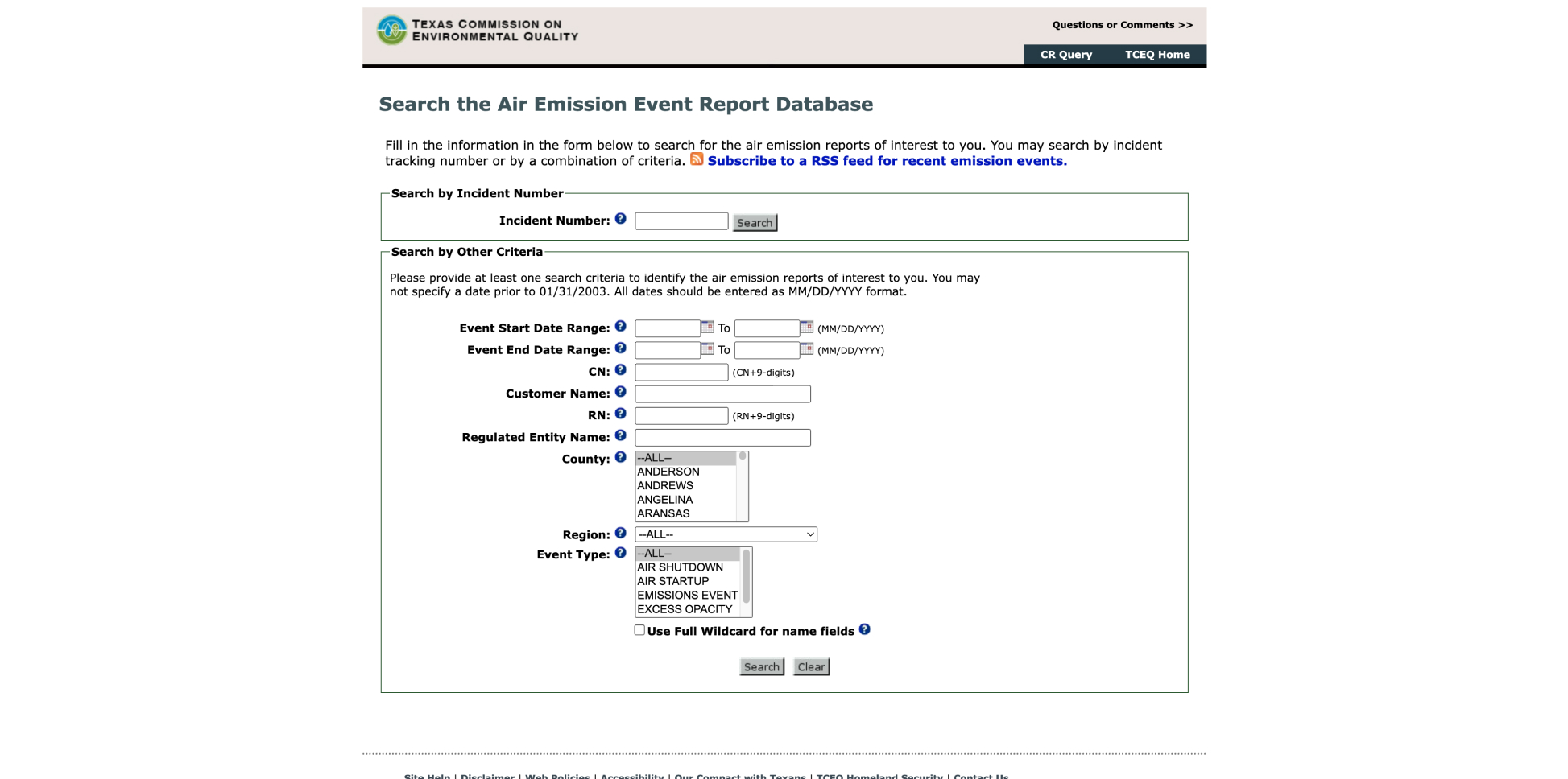 Texas Air Emission Event Report Database (via STEERS)